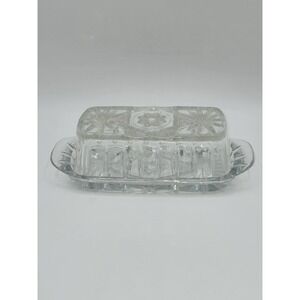 Vintage Pressed Glass Butter Dish With Lid Starburst Pattern Clear Rectangle